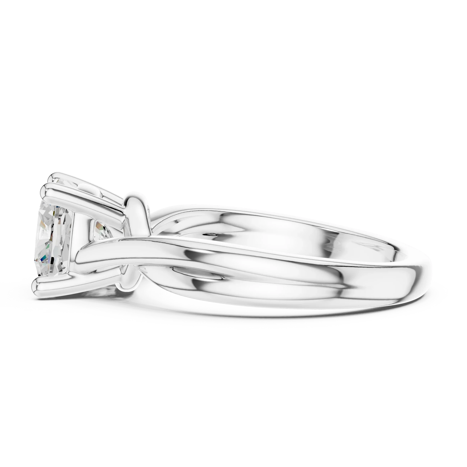 Side view of white gold Asscher cut solitaire ring with twisted band and raised setting