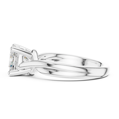 Side view of white gold Asscher cut solitaire ring with twisted band and raised setting