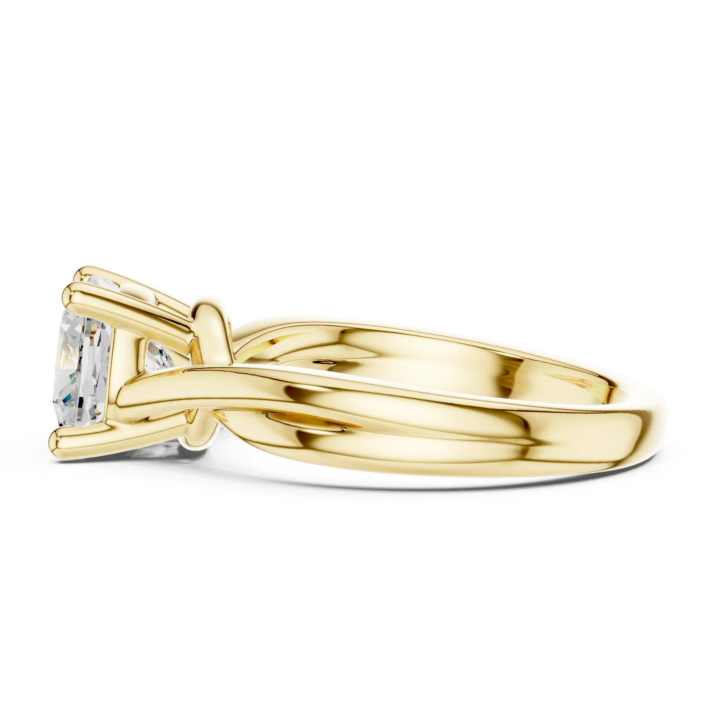 Side view of yellow gold Asscher cut solitaire ring with twisted band and prong setting