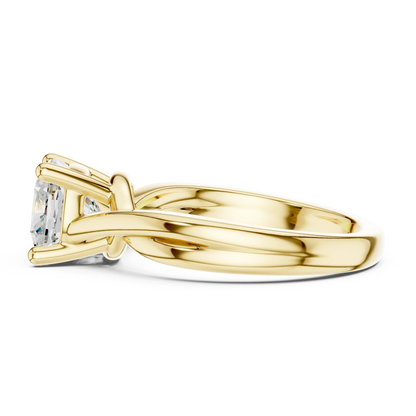 Side view of yellow gold Asscher cut solitaire ring with twisted band and prong setting