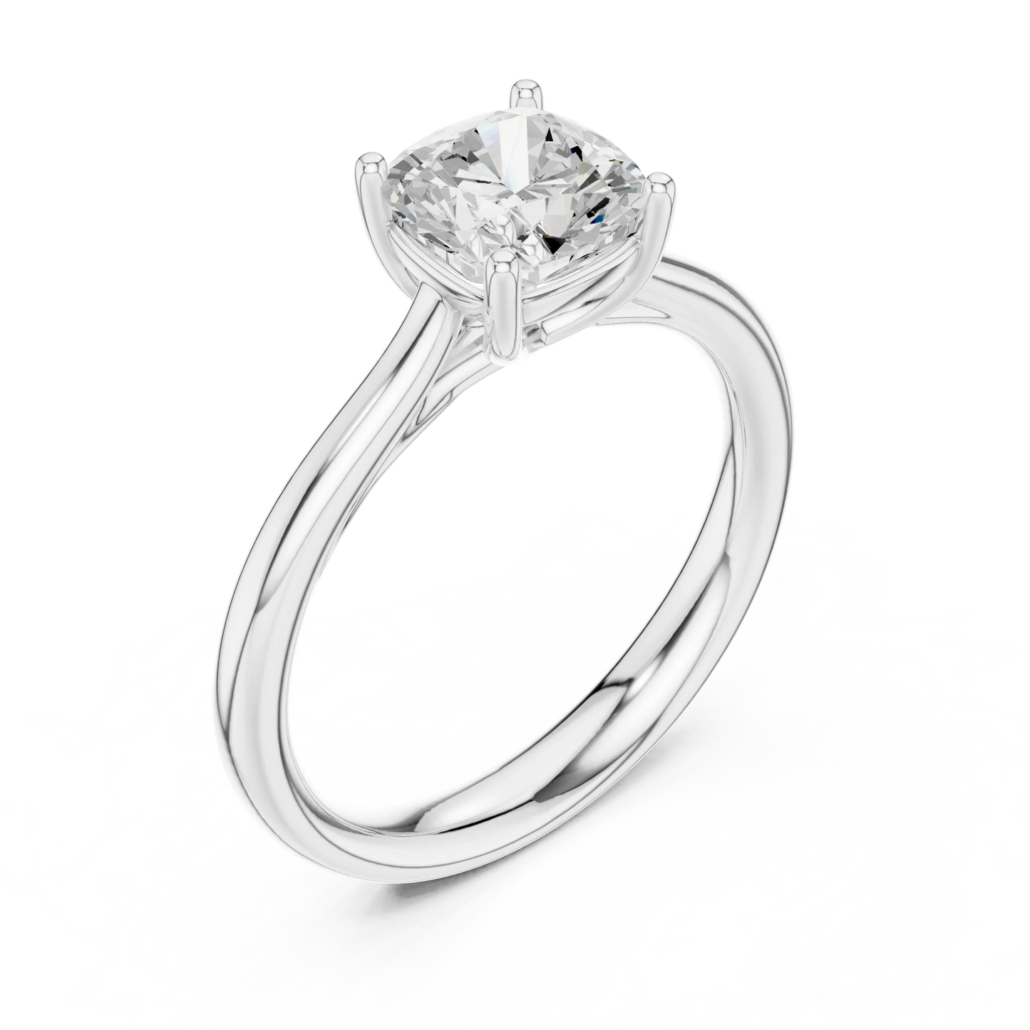 Front view of white gold cushion cut solitaire ring featuring lab-grown diamond brilliance