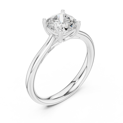 Front view of white gold cushion cut solitaire ring featuring lab-grown diamond brilliance