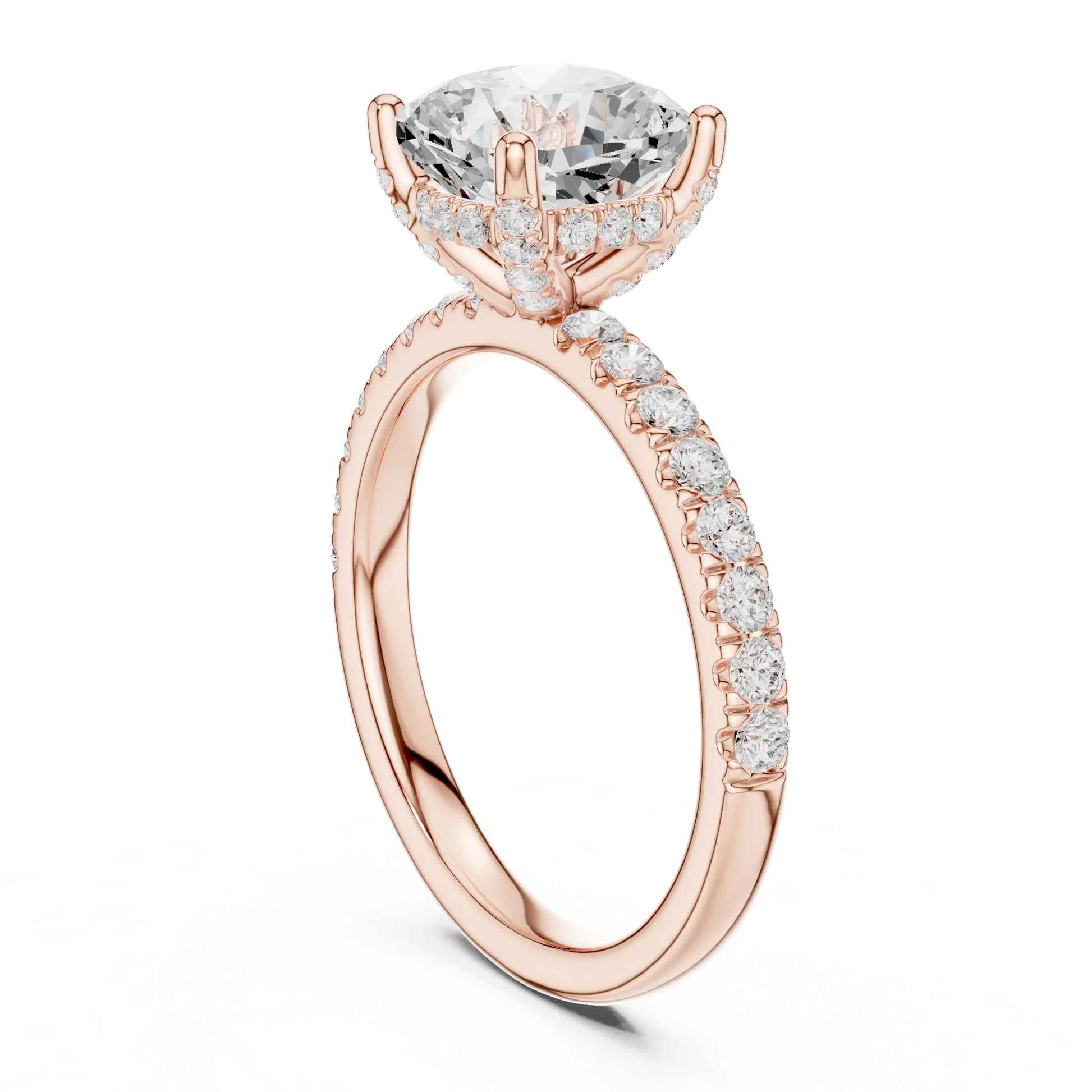 Back view of rose gold cushion solitaire ring with pave diamond band and lab-grown diamond – Australia