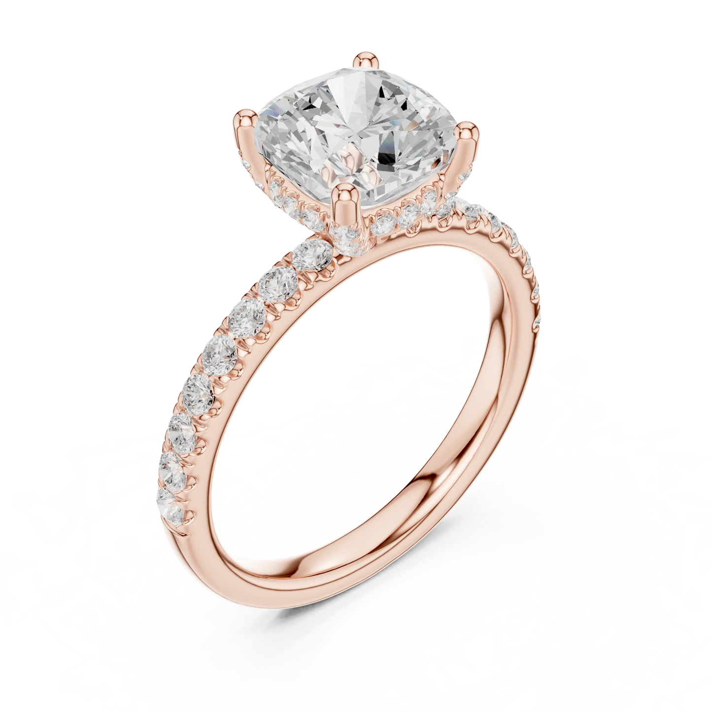 Front view of rose gold cushion solitaire ring with pave diamond band and lab-grown diamond – Australia