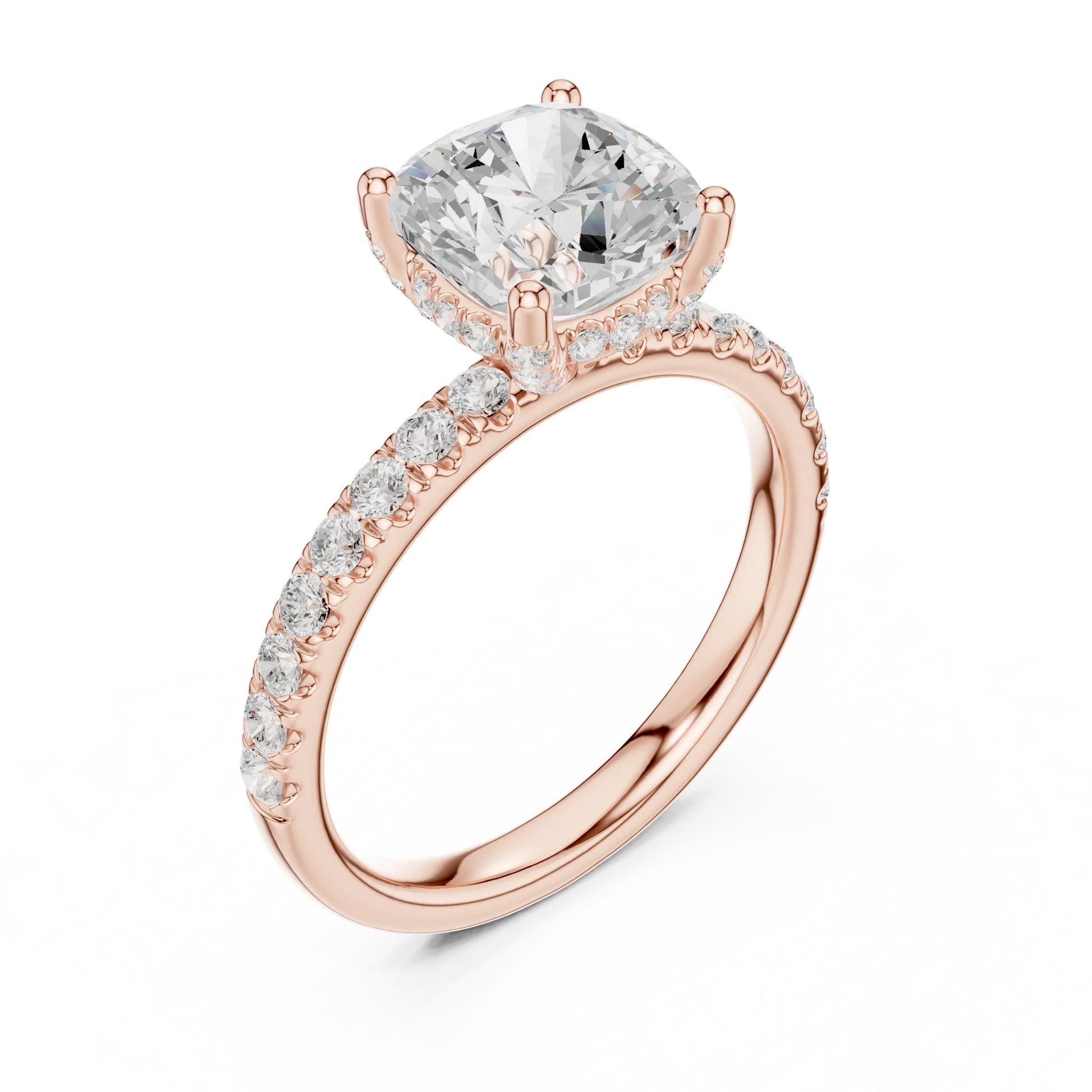 Front view of rose gold cushion solitaire ring with pave diamond band and lab-grown diamond – Australia