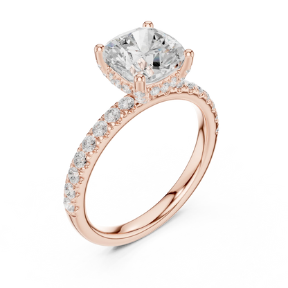Front view of rose gold cushion solitaire ring with pave diamond band and lab-grown diamond – Australia
