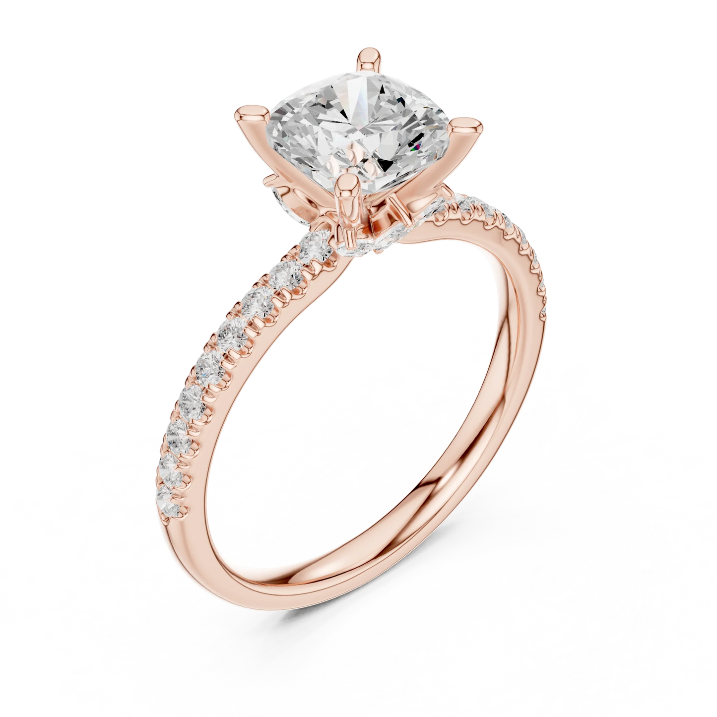 Front view of rose gold cushion solitaire ring with pave diamond band and lab-grown diamond – Australia