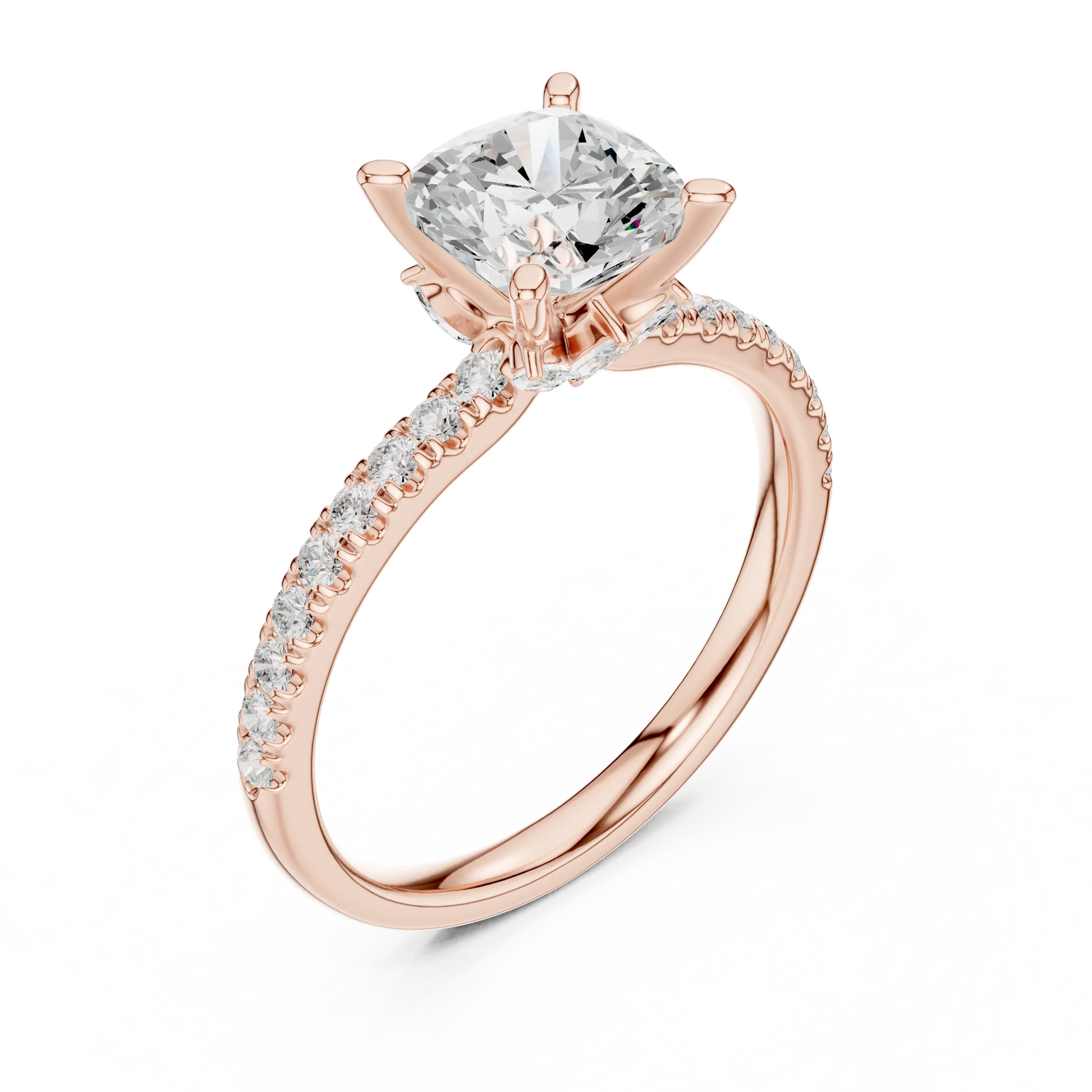 Front view of rose gold cushion solitaire ring with pave diamond band and lab-grown diamond – Australia