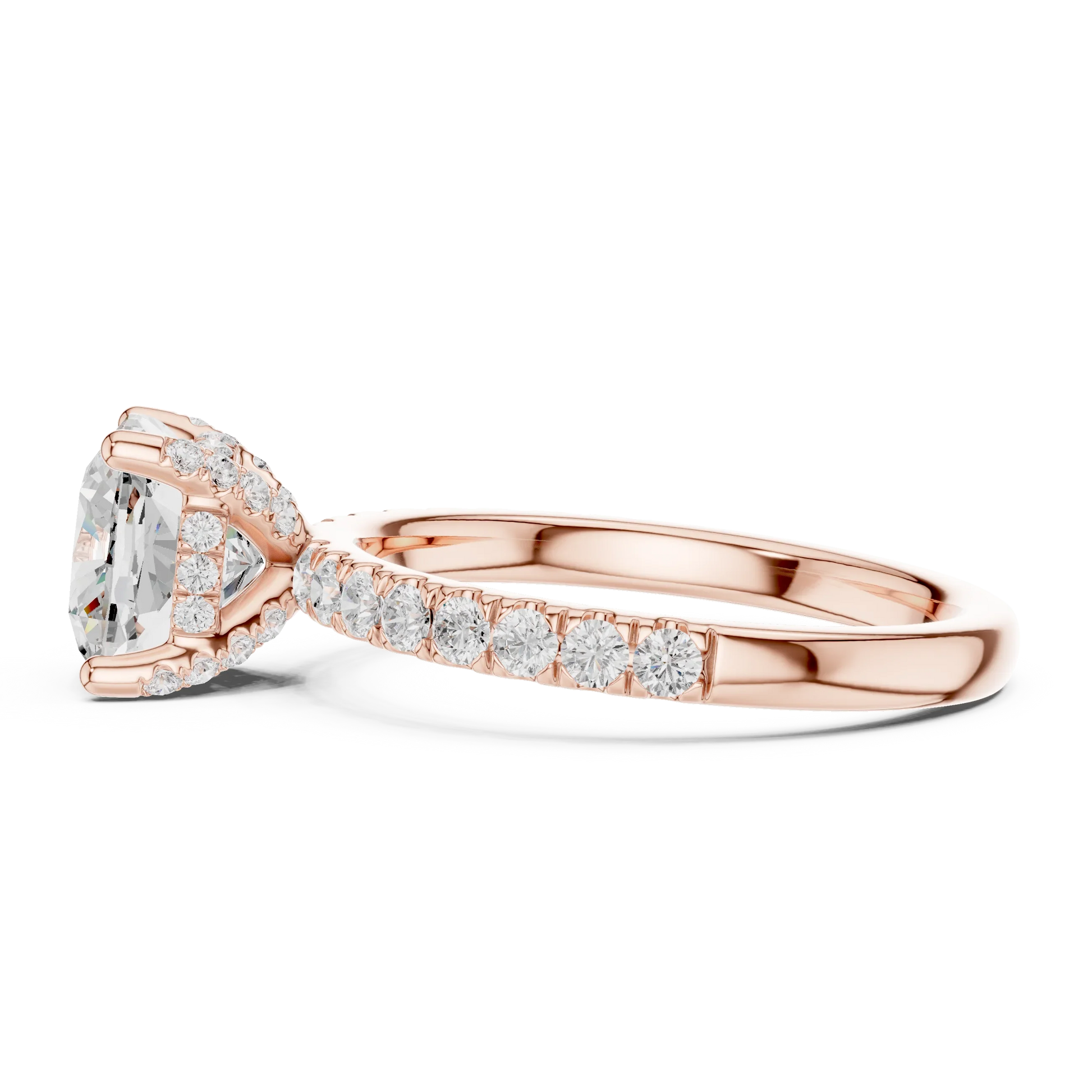 Side view of rose gold cushion solitaire ring with pave diamond band and lab-grown diamond – Australia