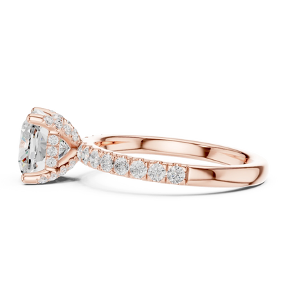 Side view of rose gold cushion solitaire ring with pave diamond band and lab-grown diamond – Australia