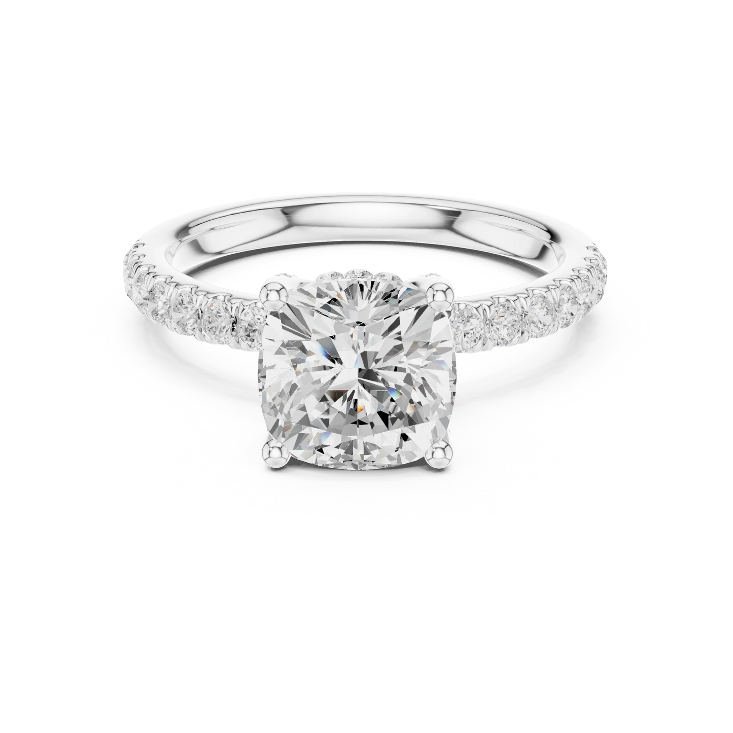 Cushion solitaire ring in white gold with pave diamond band and lab-grown diamond – Australia