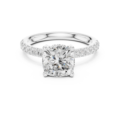 Cushion solitaire ring in white gold with pave diamond band and lab-grown diamond – Australia