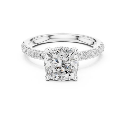 Cushion solitaire ring in white gold with pave diamond band and lab-grown diamond – Australia