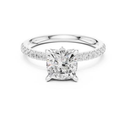 Cushion solitaire ring in white gold with pave diamond band and lab-grown diamond – Australia