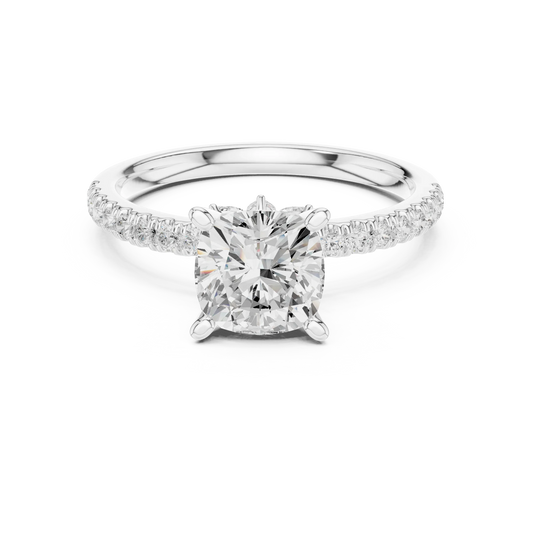 Cushion solitaire ring in white gold with pave diamond band and lab-grown diamond – Australia