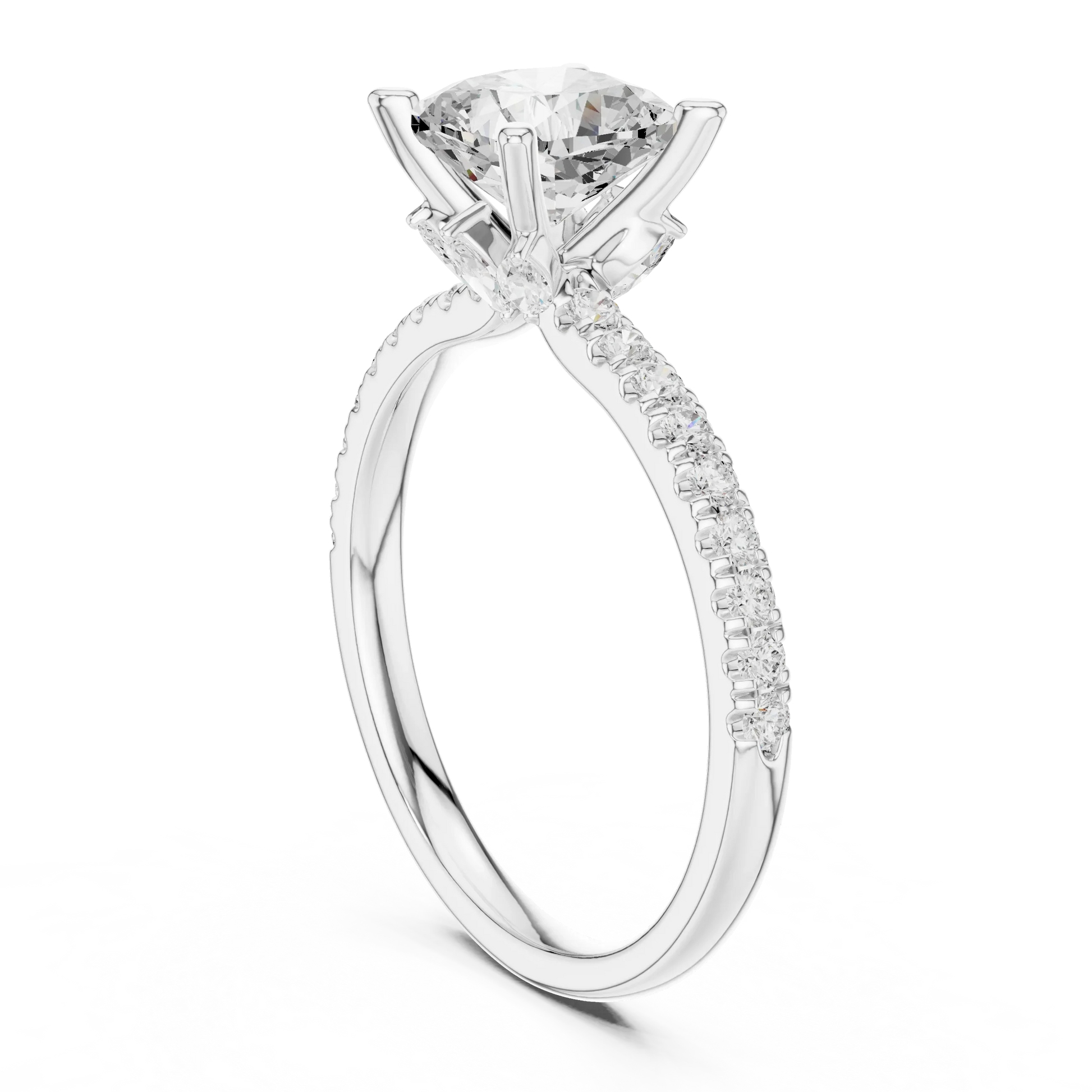 Back side view of white gold cushion solitaire ring with pave diamond band and lab-grown diamond – Australia