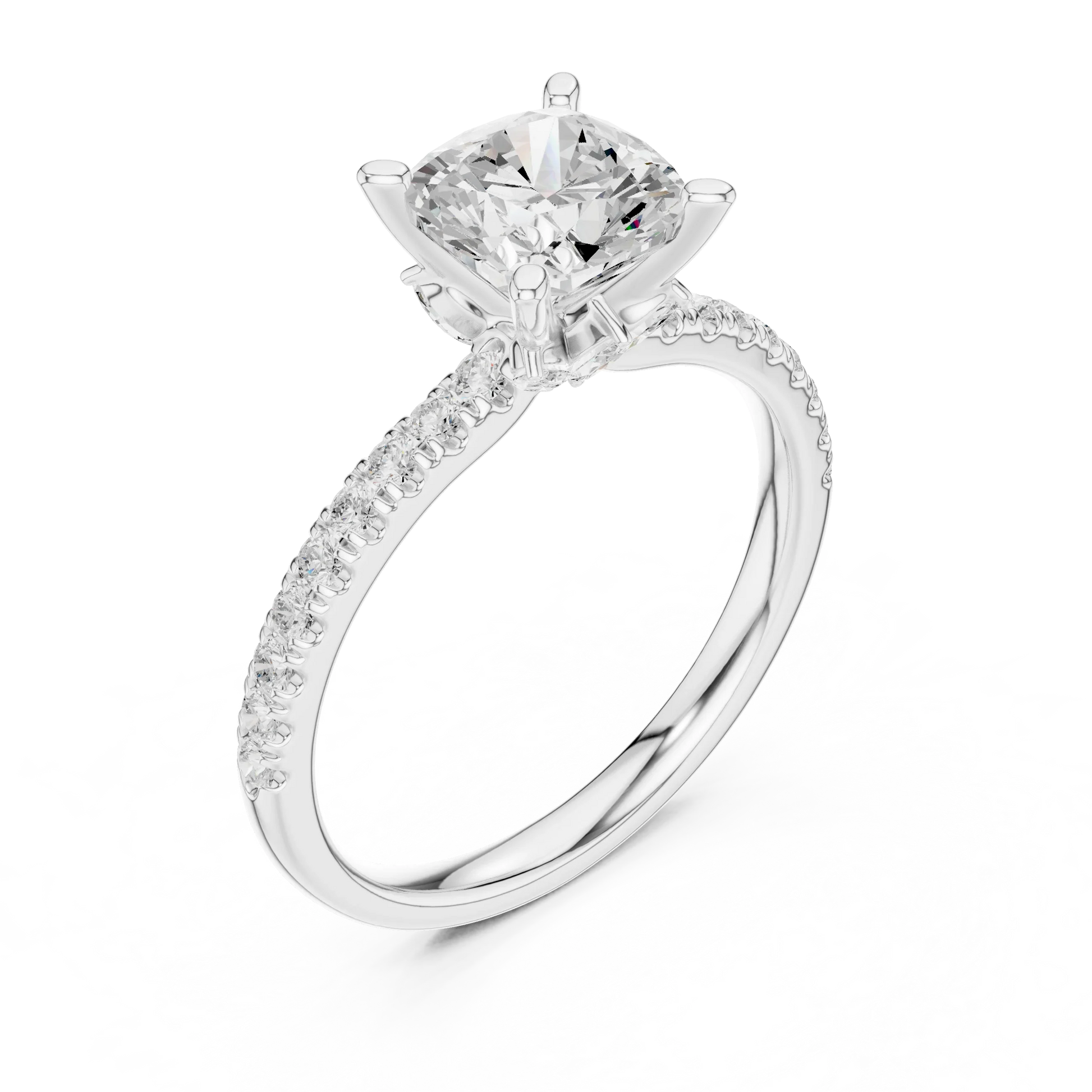 Front view of white gold cushion solitaire ring with pave diamond band and lab-grown diamond – Australia