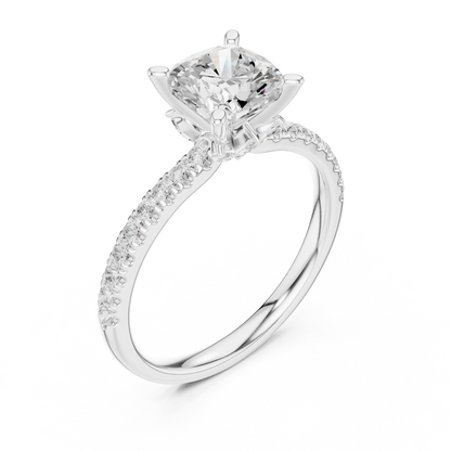 Front view of white gold cushion solitaire ring with pave diamond band and lab-grown diamond – Australia
