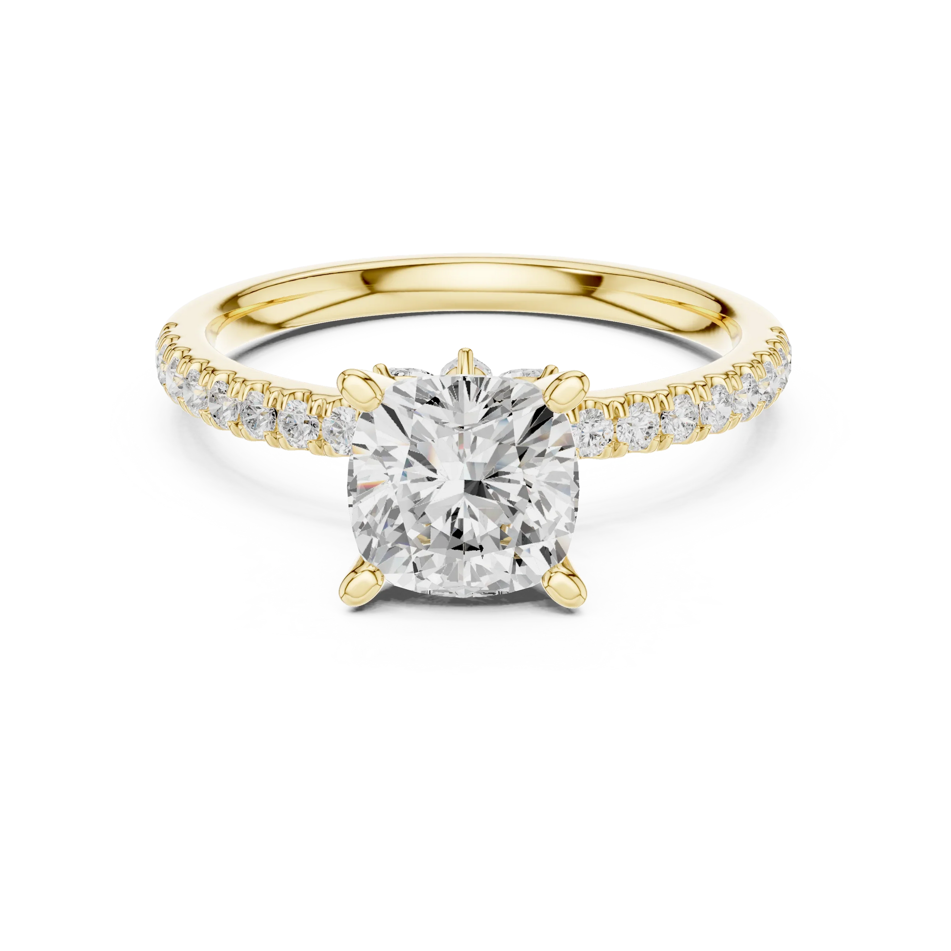 Cushion solitaire ring in yellow gold with pave diamond band and lab-grown diamond – Australia