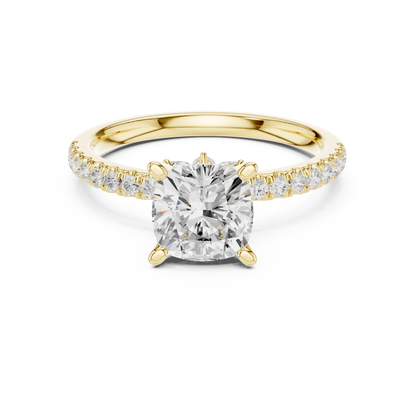 Cushion solitaire ring in yellow gold with pave diamond band and lab-grown diamond – Australia