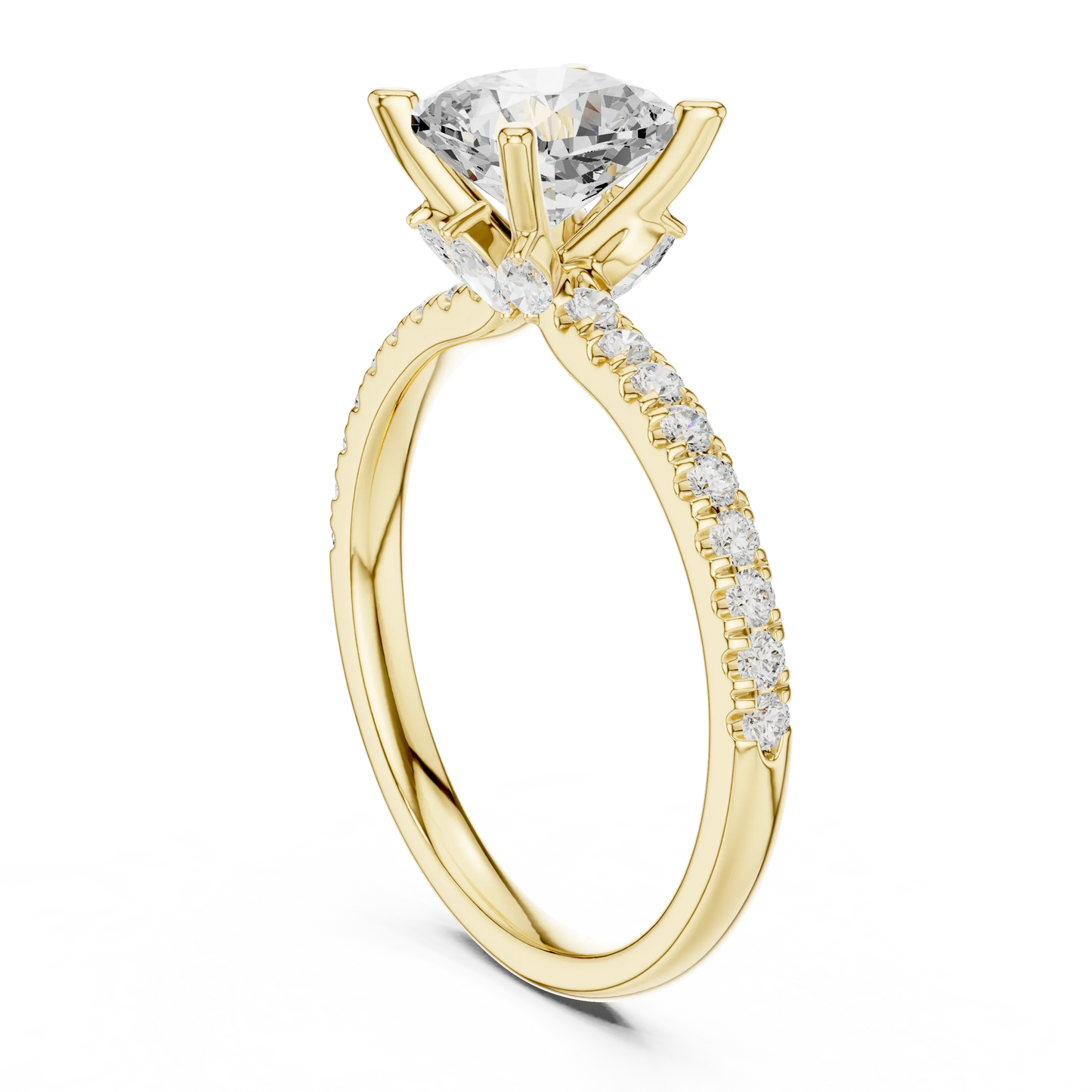 Back side view of yellow gold cushion solitaire ring with pave diamond band and lab-grown diamond – Australia