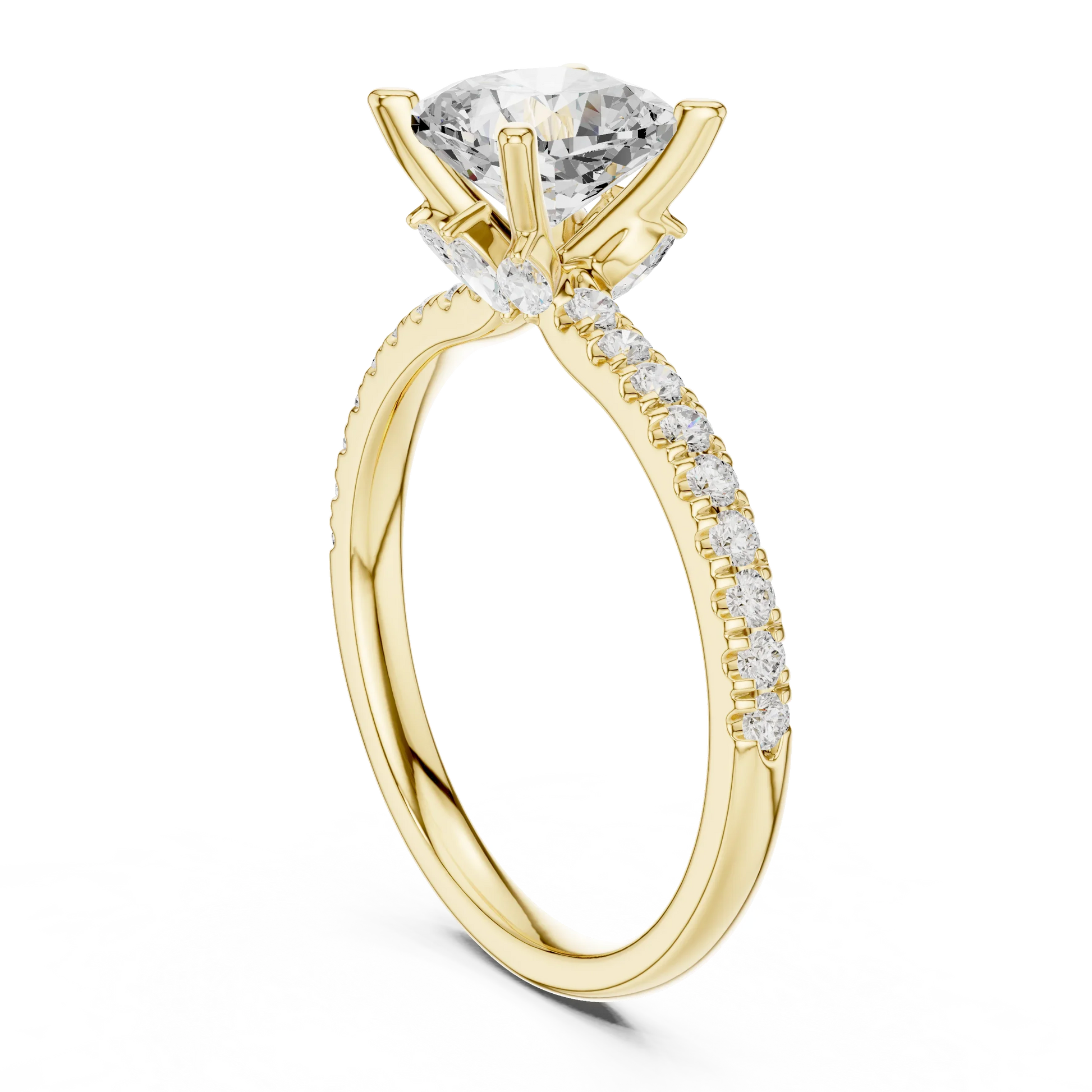Back side view of yellow gold cushion solitaire ring with pave diamond band and lab-grown diamond – Australia