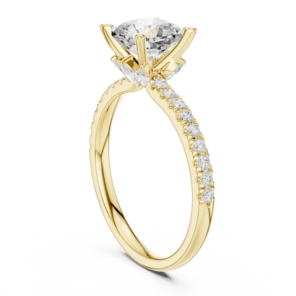 Back side view of yellow gold cushion solitaire ring with pave diamond band and lab-grown diamond – Australia
