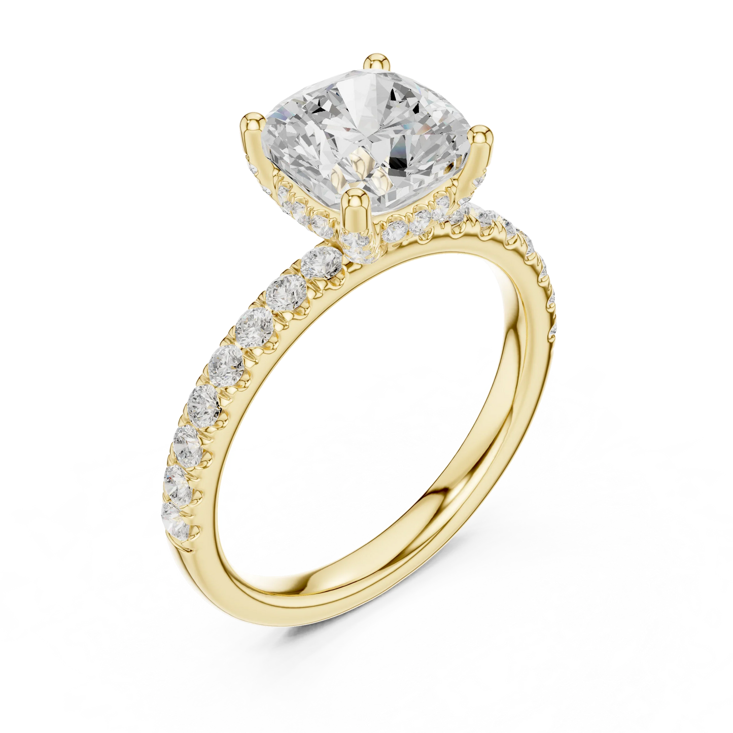 Front view of yellow gold cushion solitaire ring with pave diamond band and lab-grown diamond – Australia