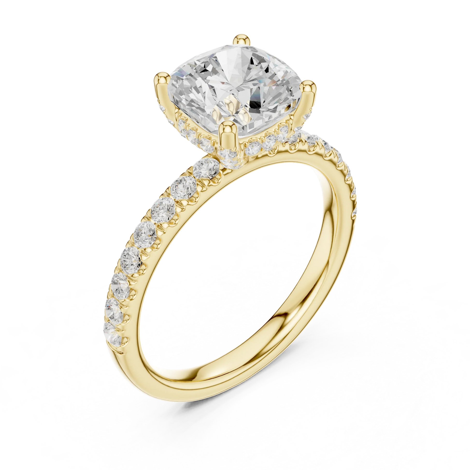 Front view of yellow gold cushion solitaire ring with pave diamond band and lab-grown diamond – Australia