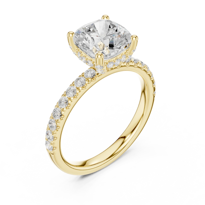 Front view of yellow gold cushion solitaire ring with pave diamond band and lab-grown diamond – Australia
