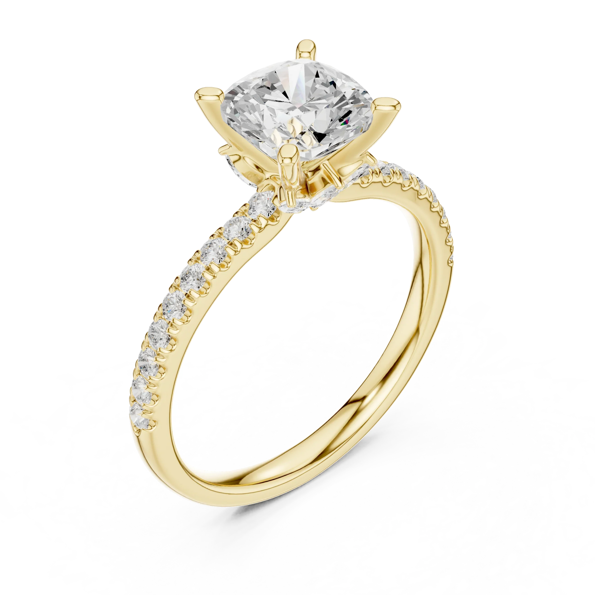 Front view of yellow gold cushion solitaire ring with pave diamond band and lab-grown diamond – Australia