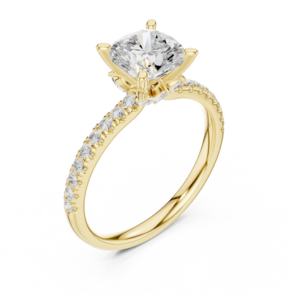 Front view of yellow gold cushion solitaire ring with pave diamond band and lab-grown diamond – Australia