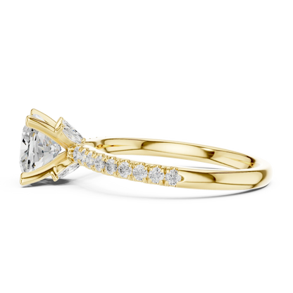 Side view of yellow gold cushion solitaire ring with pave diamond band and lab-grown diamond – Australia