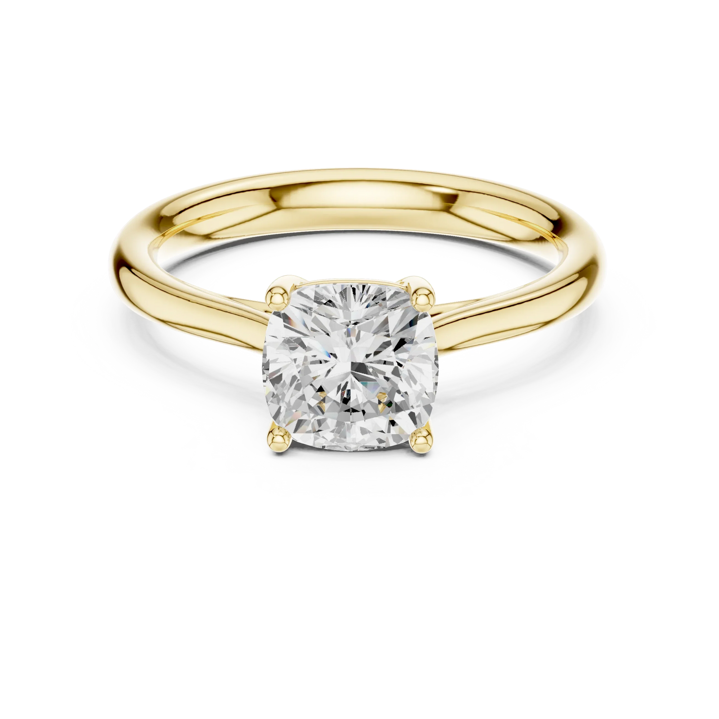 Lab-grown cushion cut solitaire ring in yellow gold with classic and luxurious appeal