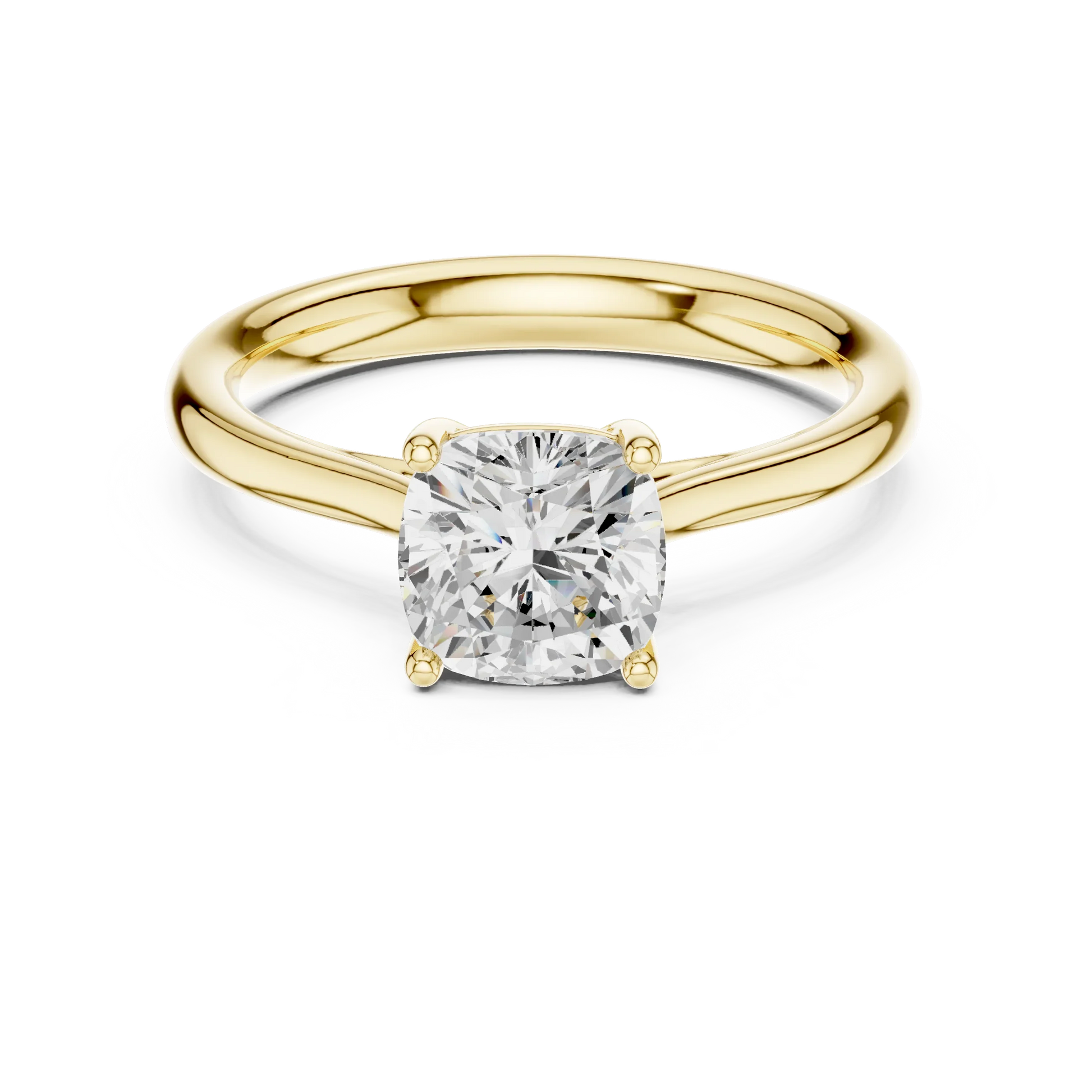 Lab-grown cushion cut solitaire ring in yellow gold with classic and luxurious appeal