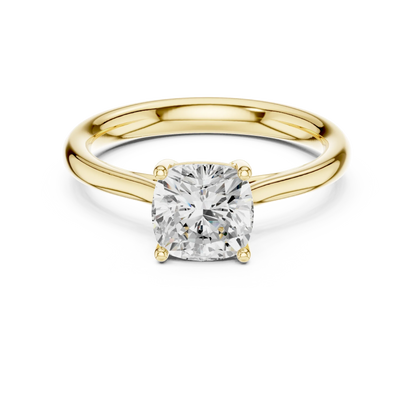 Lab-grown cushion cut solitaire ring in yellow gold with classic and luxurious appeal