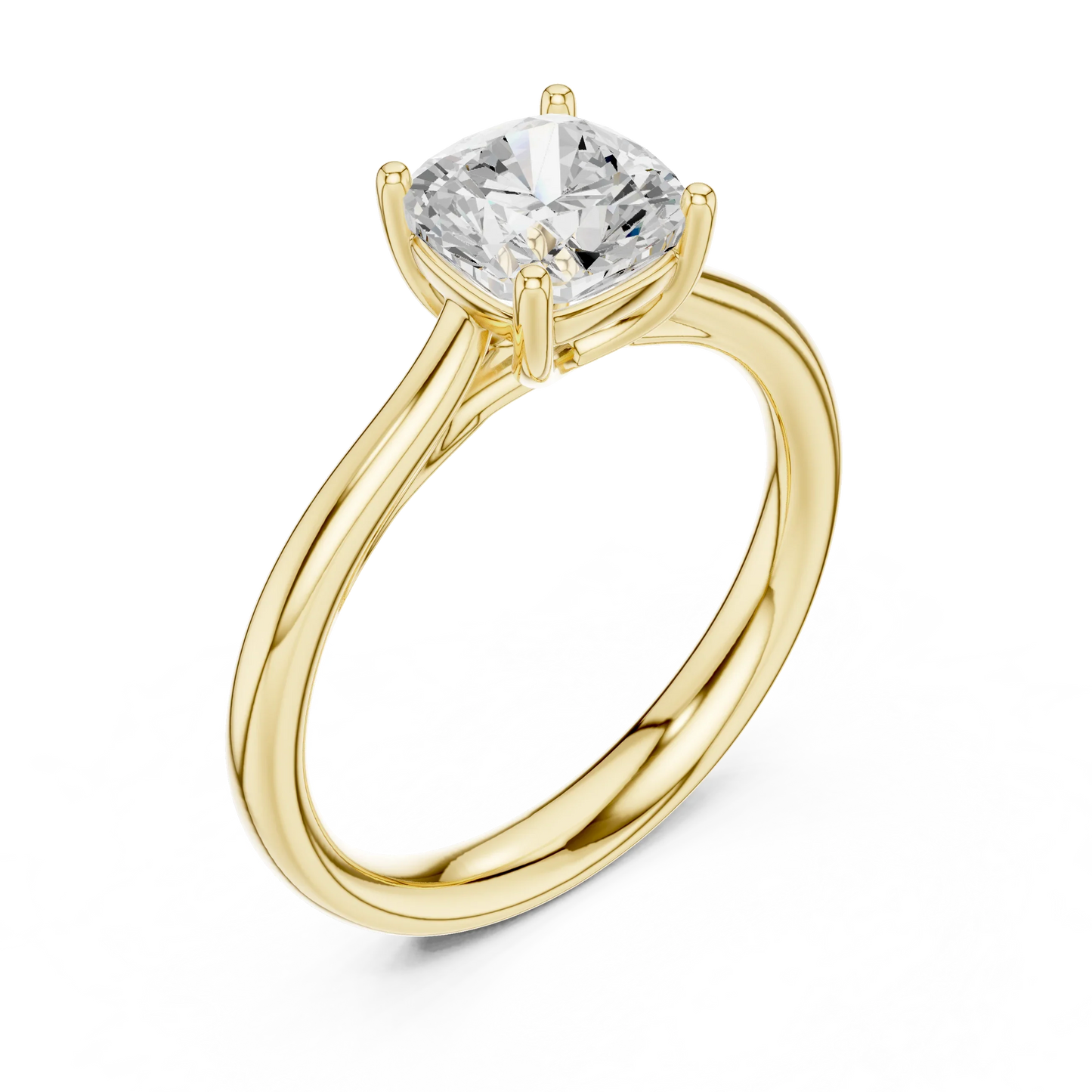 Front view of yellow gold cushion cut solitaire ring showcasing lab-grown diamond sparkle