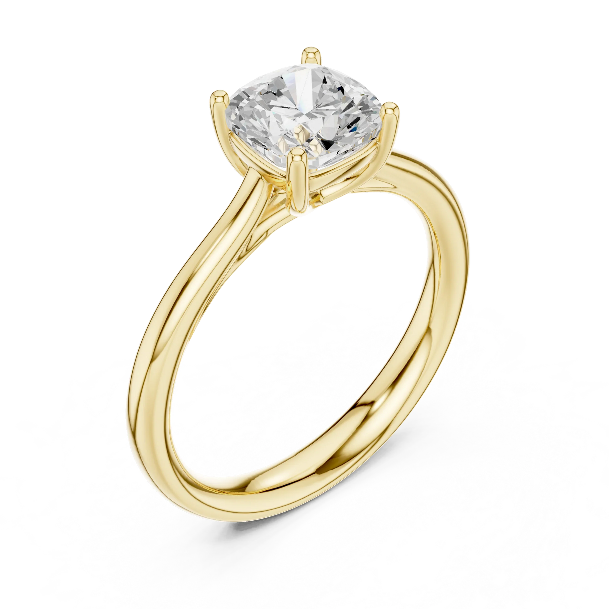 Front view of yellow gold cushion cut solitaire ring showcasing lab-grown diamond sparkle