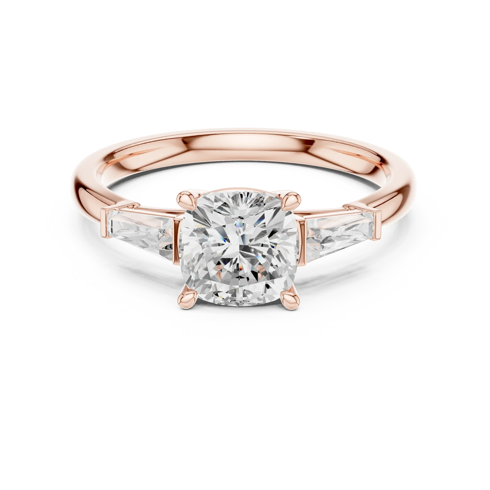 Rose gold cushion three-stone ring with tapered baguette side stones
