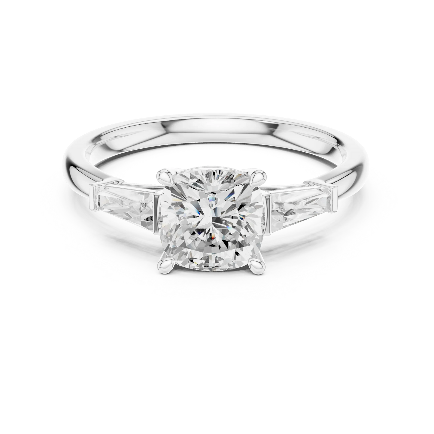 White gold cushion three-stone ring with tapered baguette side stones
