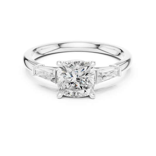 White gold cushion three-stone ring with tapered baguette side stones