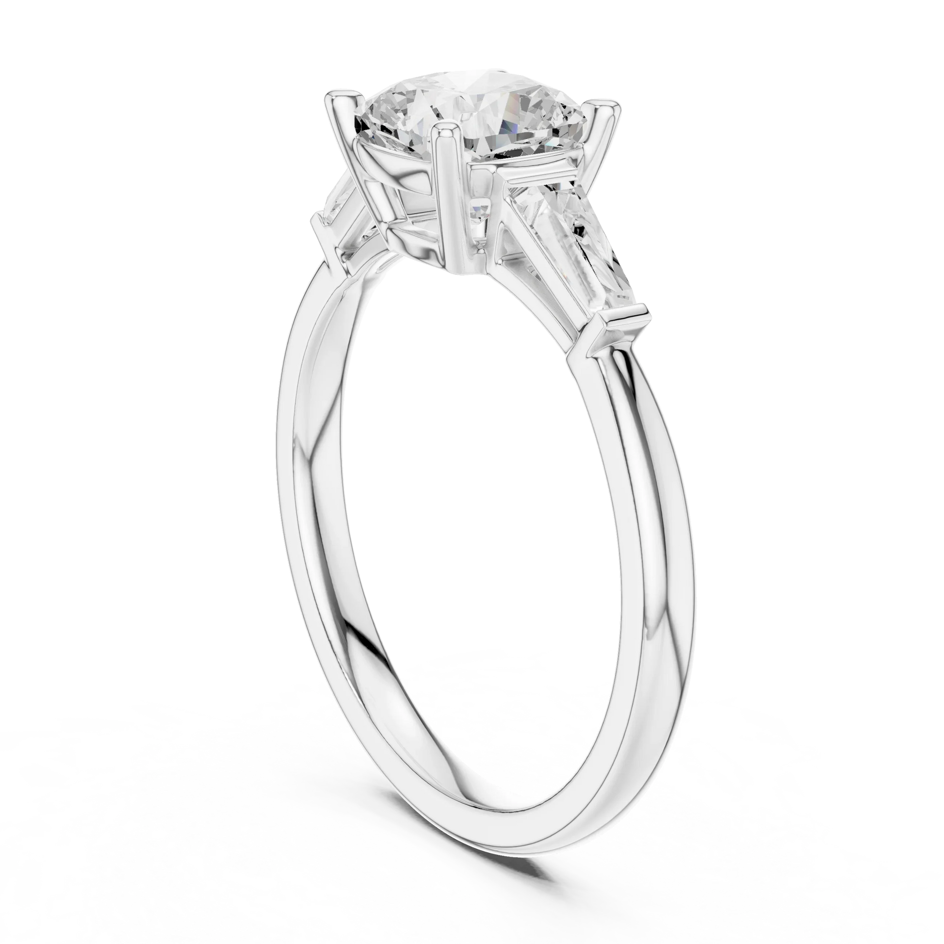 White gold cushion three-stone ring with tapered baguette side stones back view