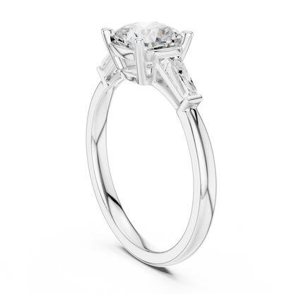 White gold cushion three-stone ring with tapered baguette side stones back view