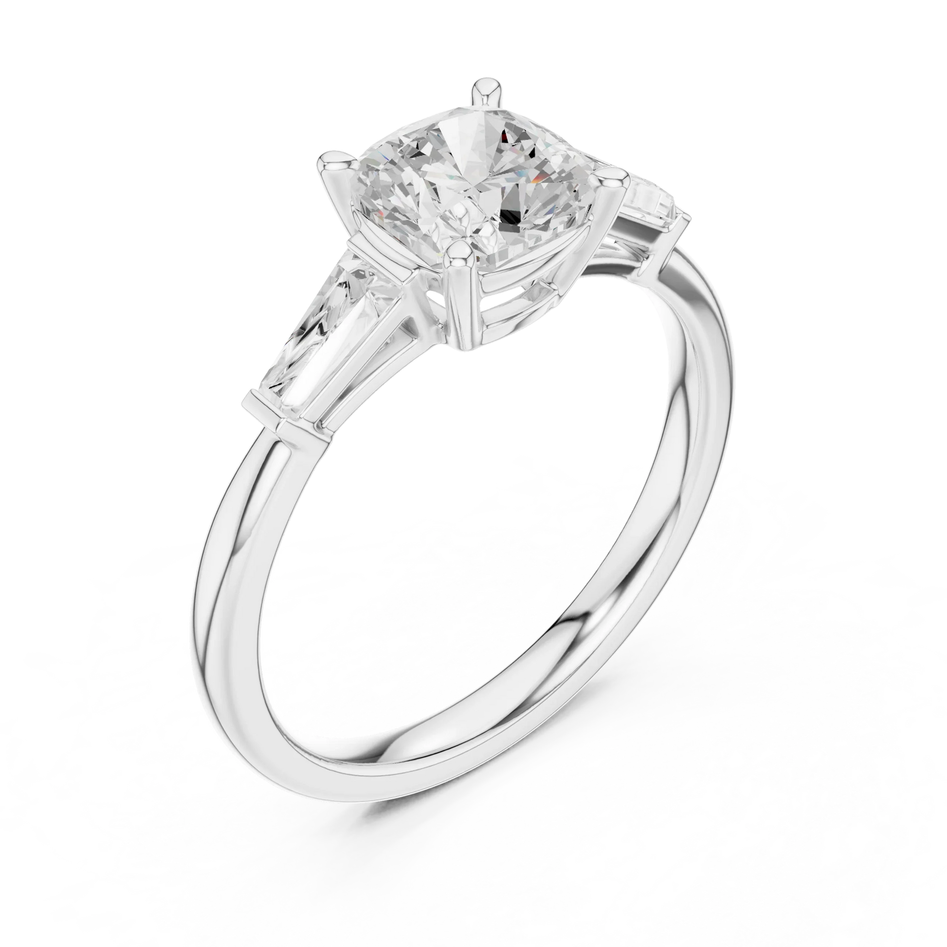 White gold cushion three-stone ring with tapered baguette side stones front view