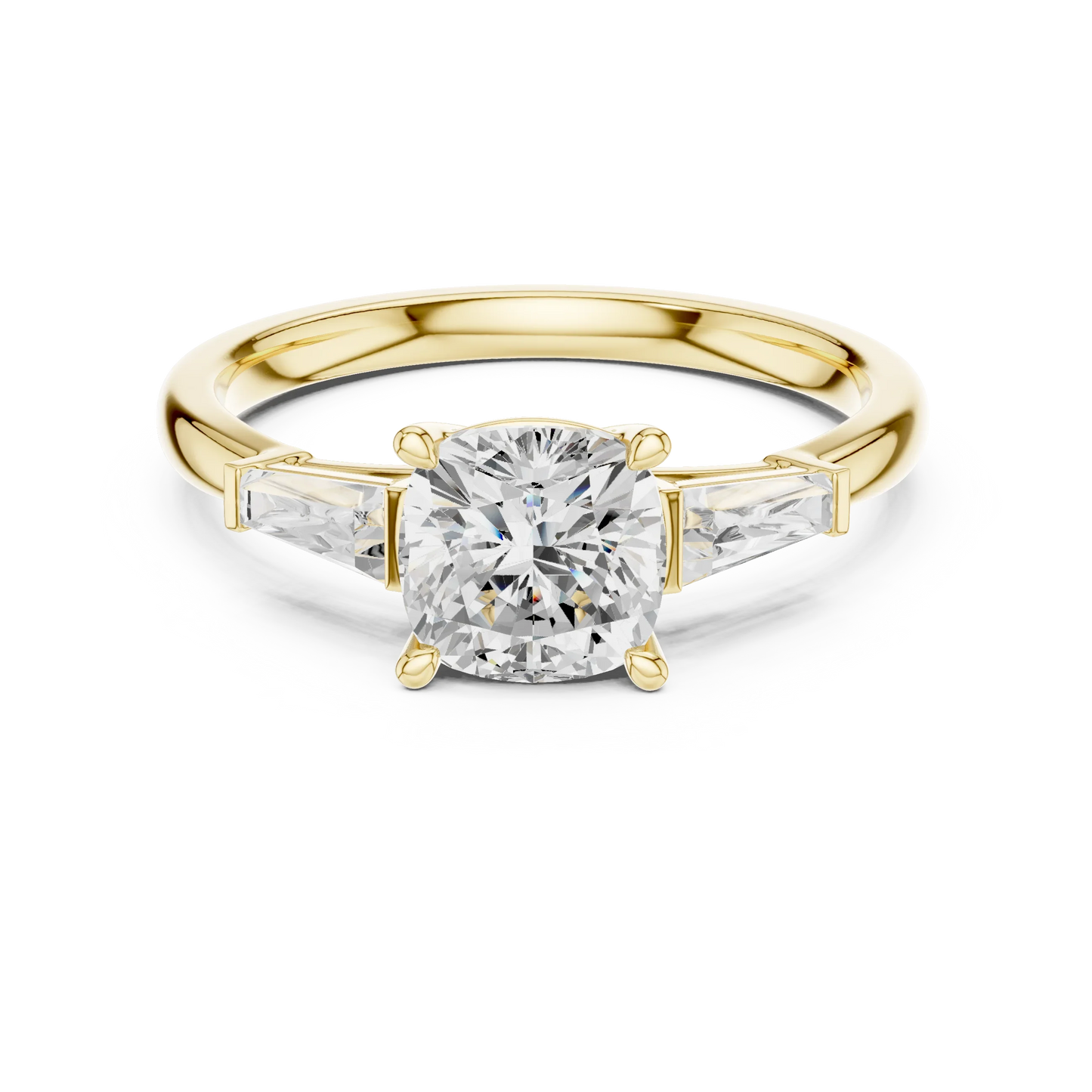 Yellow gold cushion three-stone ring with tapered baguette side stones