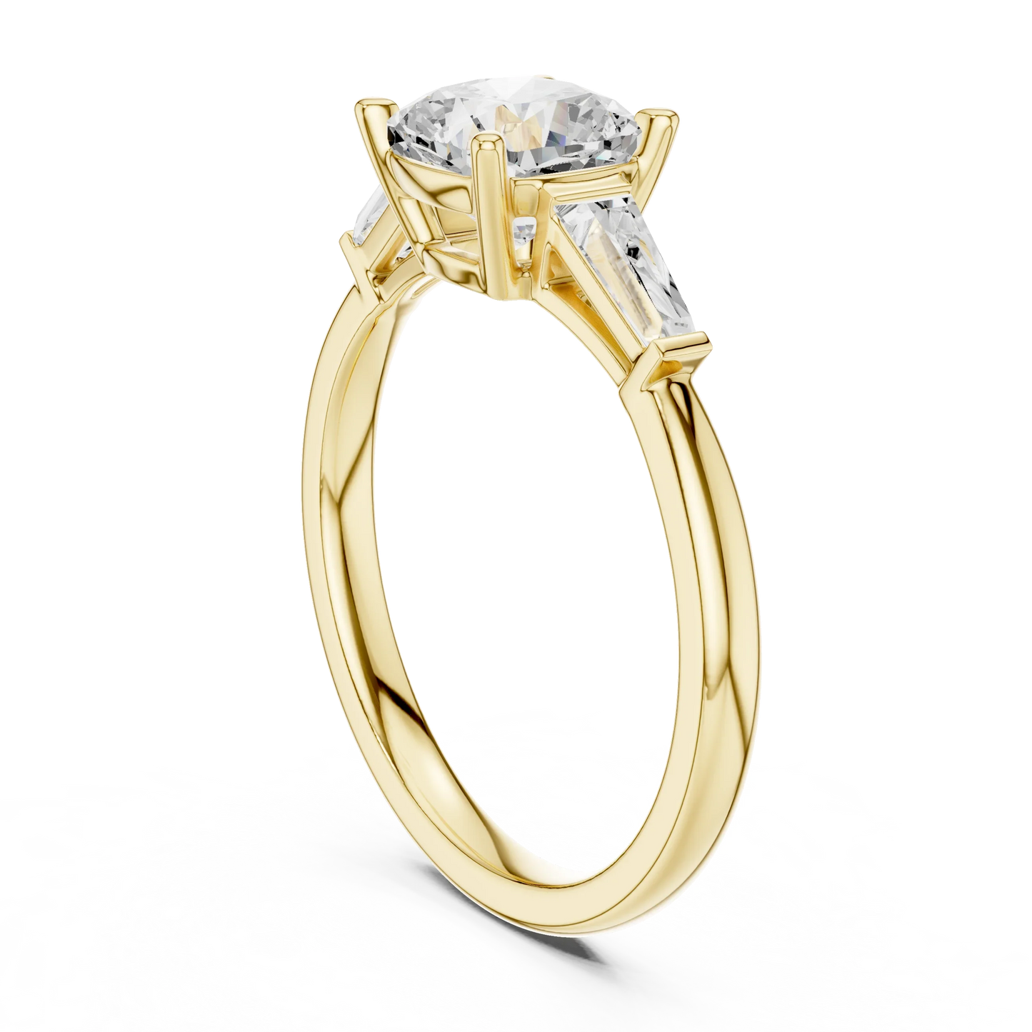 Yellow gold cushion three-stone ring with tapered baguette side stones back view