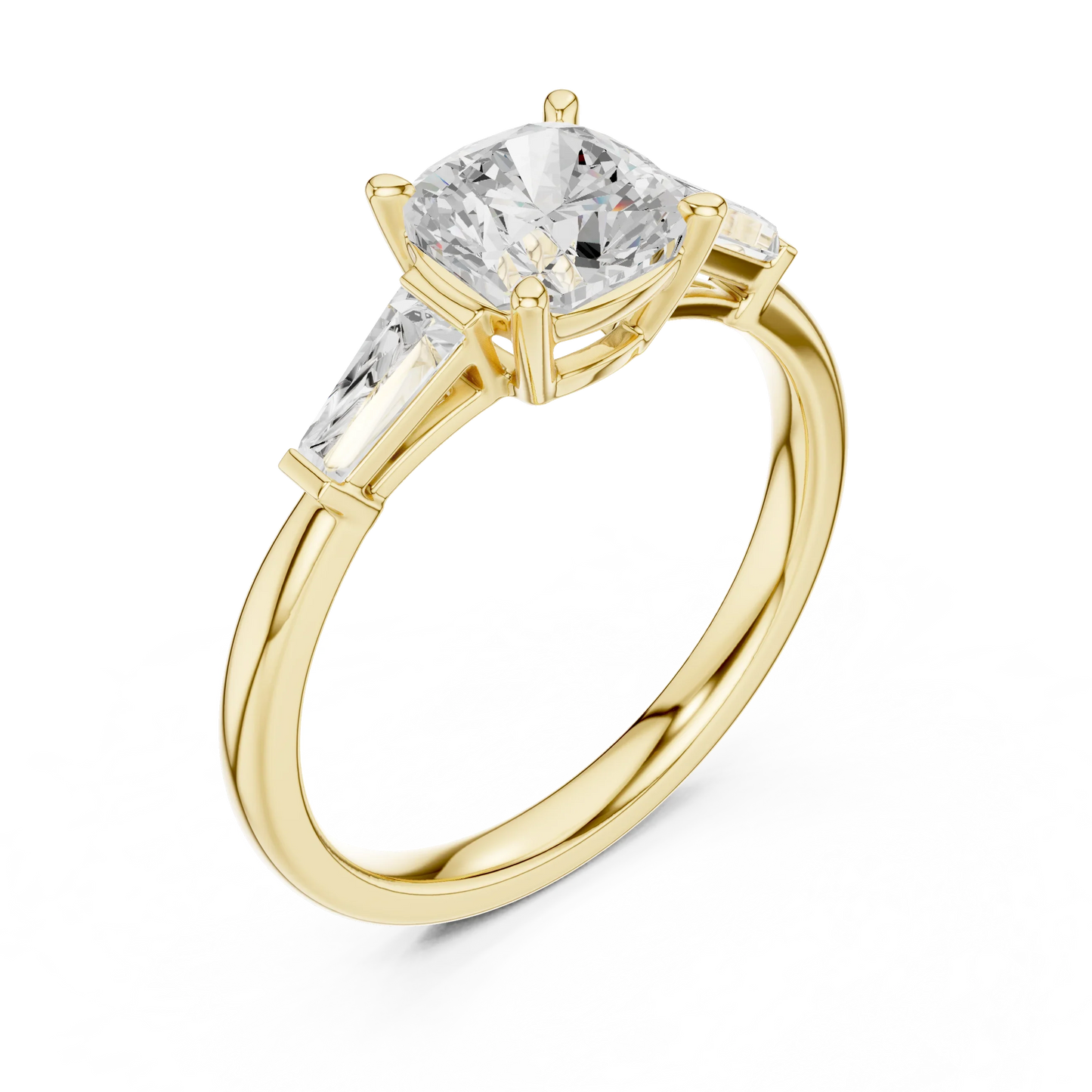 Yellow gold cushion three-stone ring with tapered baguette side stones front view