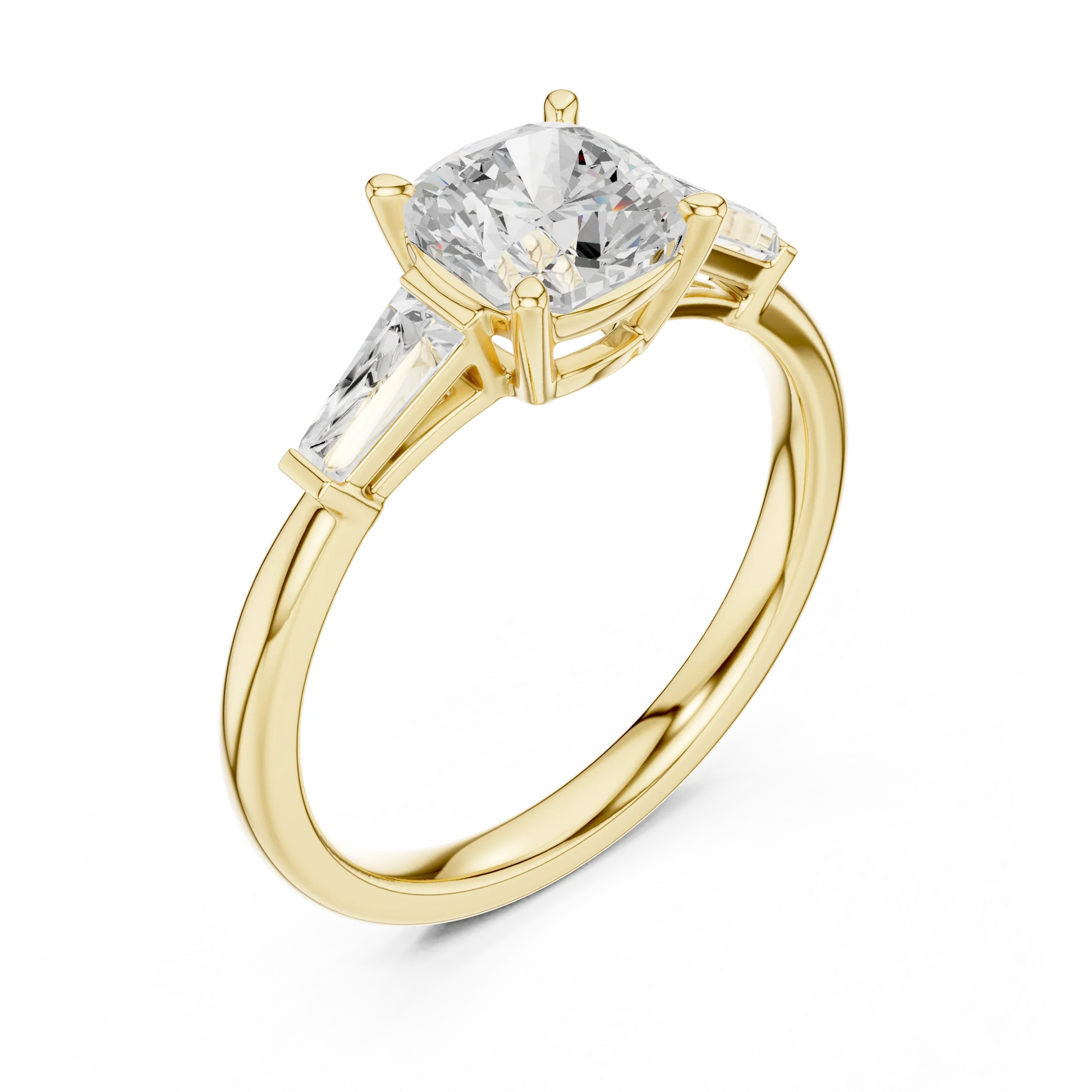 Yellow gold cushion three-stone ring with tapered baguette side stones front view