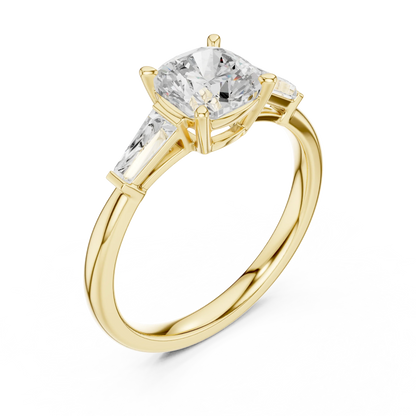 Yellow gold cushion three-stone ring with tapered baguette side stones front view