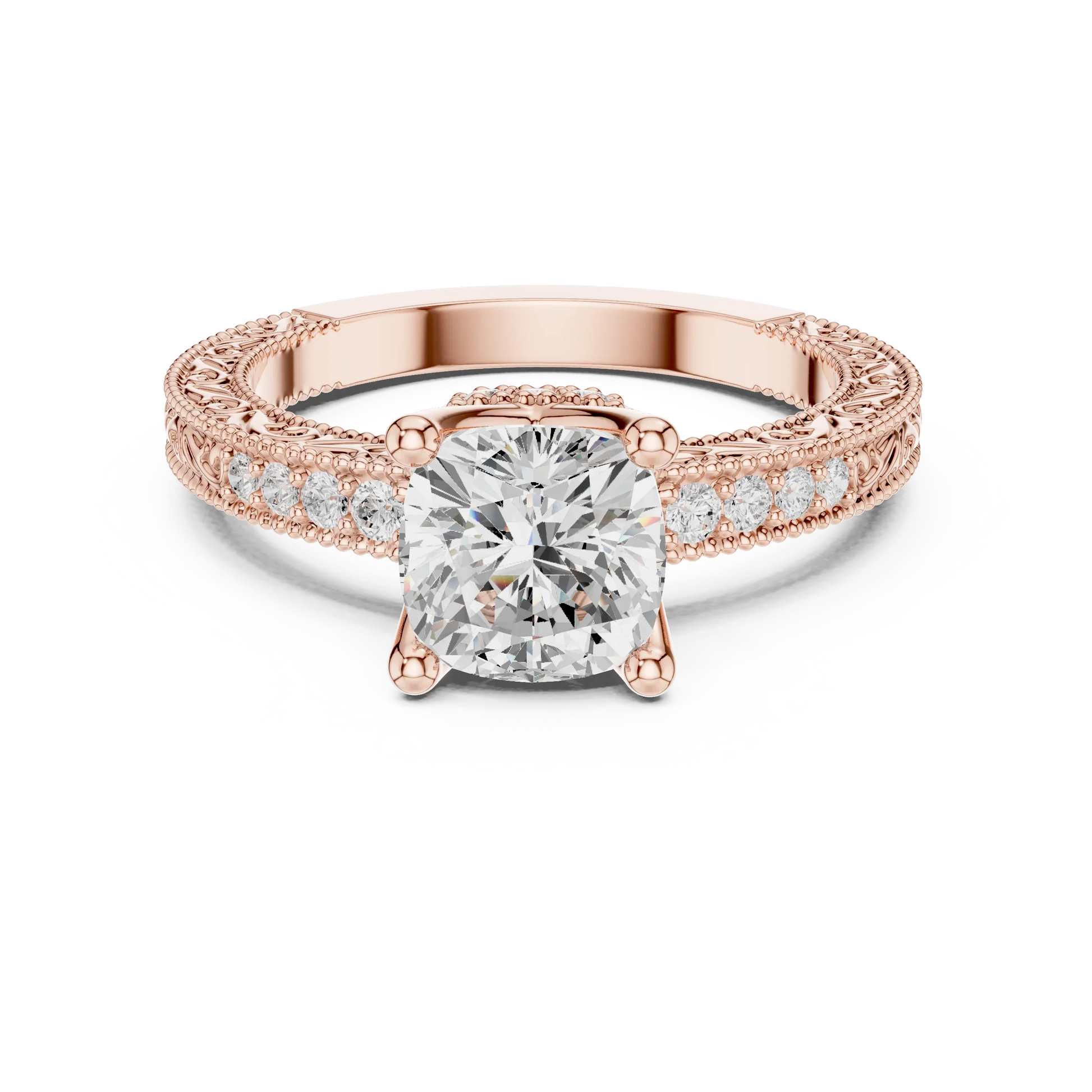 Cushion vintage filigree ring in rose gold with milgrain, channel set diamond band and lab-grown diamond – Australia